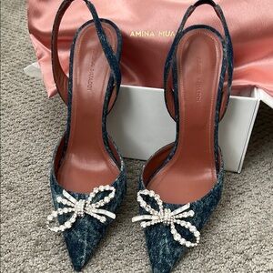 Amina Muaddi Blue Denim Slingback Heels